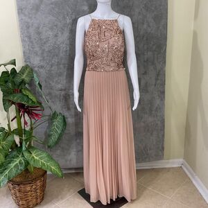 VTG. Y2K style Cachet Halter Maxi Dress size 12 gold Sequins Beaded pleated